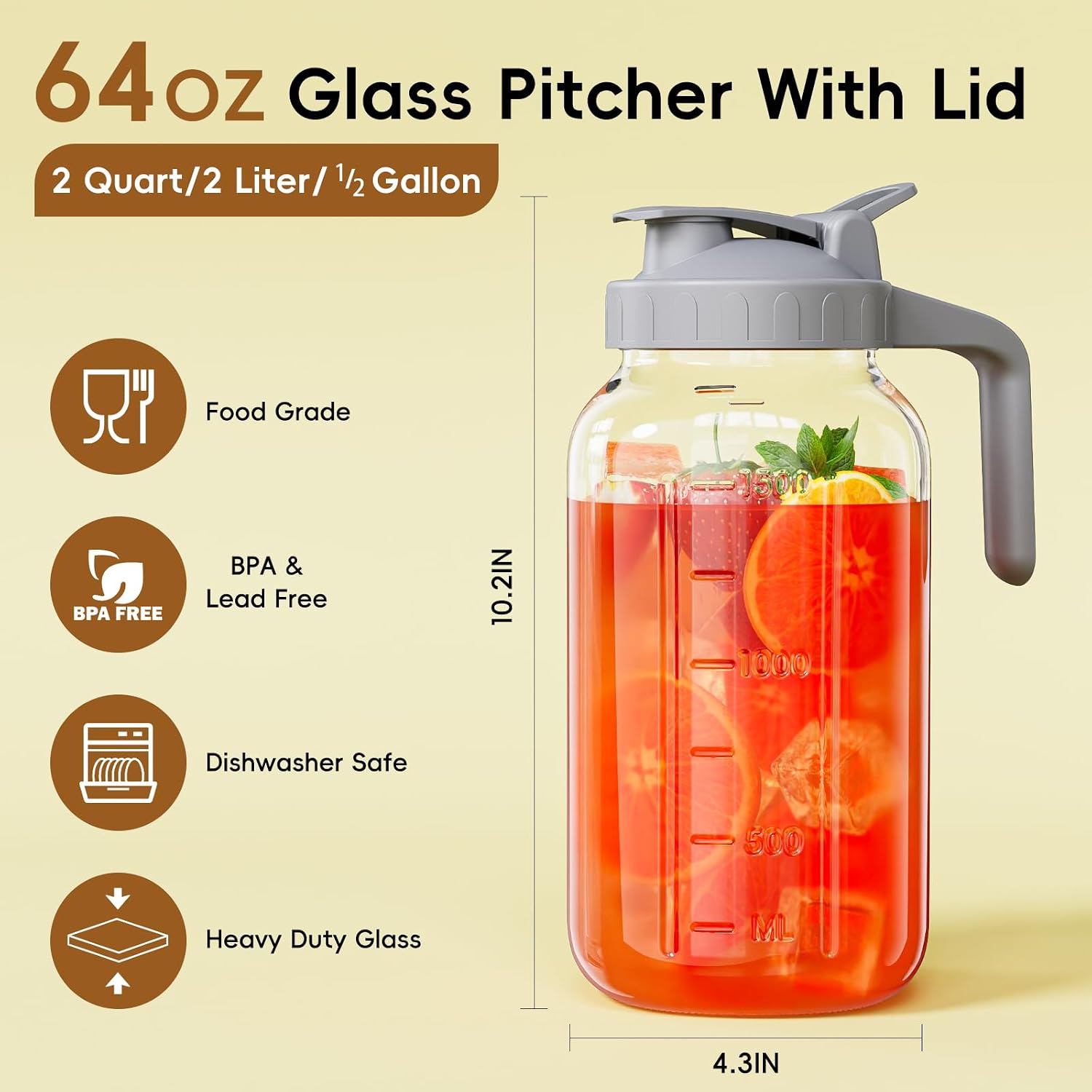 Detalle de Glass Mason Jar Pitcher, 64 oz Wide Mouth with Pour Spout Lid (Gray)