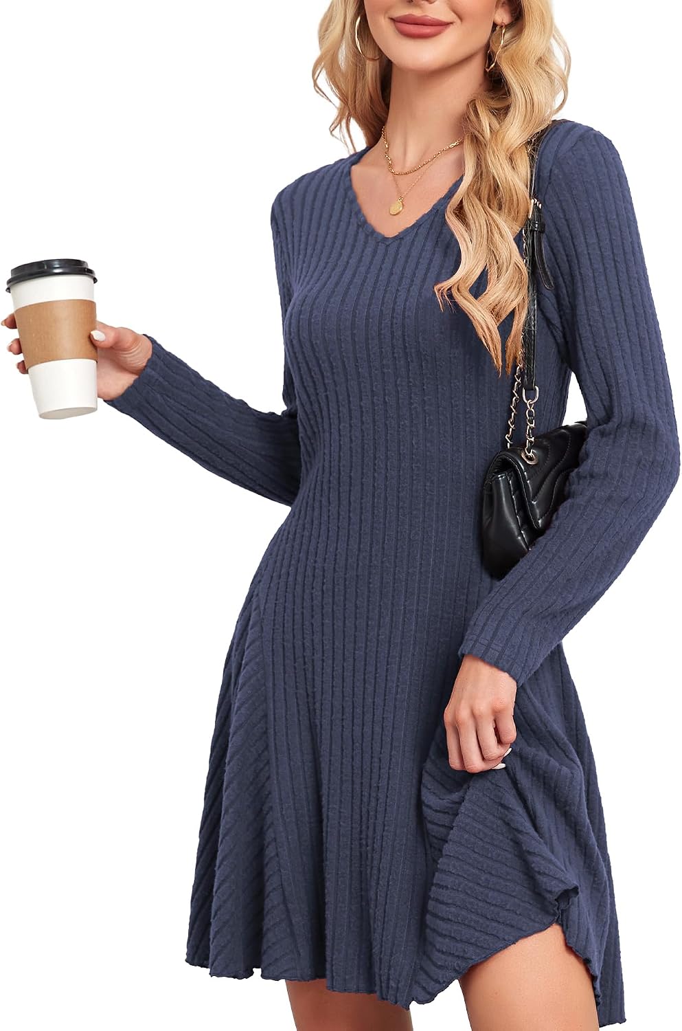 Detalle de SENBATU Robe tricotée pour femmes – Robe pull d’automne élégante à manches longues et col en V