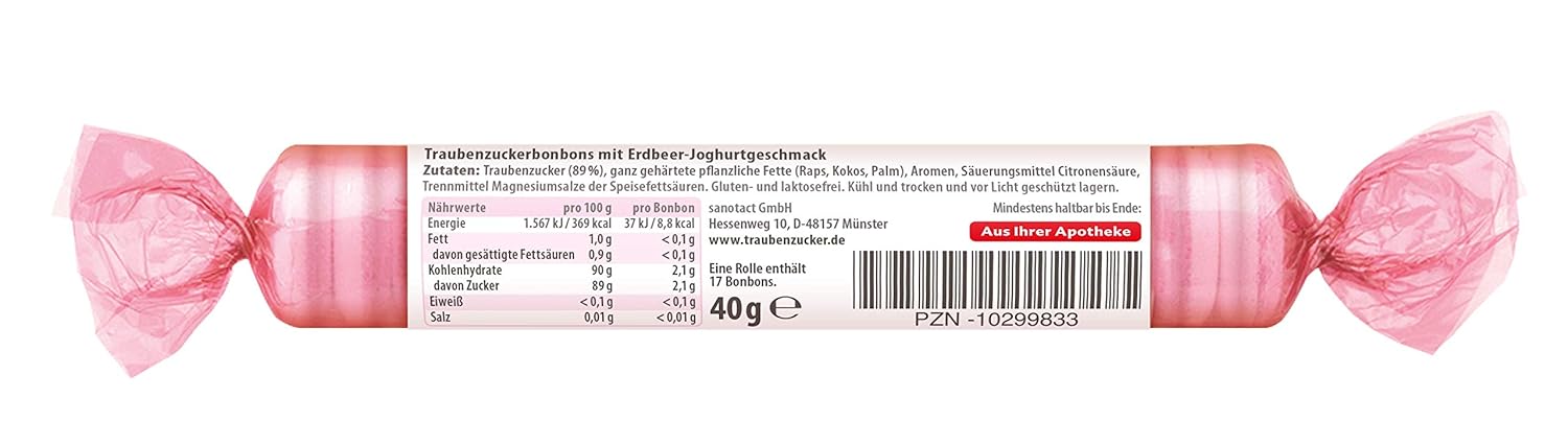 Detalle de intact Traubenzucker (Erdbeere-Joghurt) Rolle, 15 x 40 g (Multipack) – 100% vegan