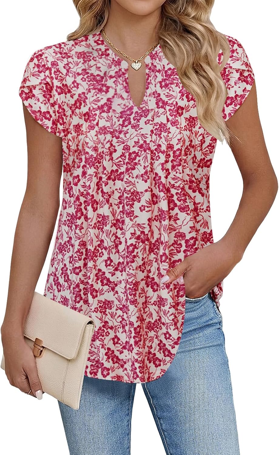 Thumbnail 6 de Cuptacc Damen Sommer Tunika V-Ausschnitt Blütenblatt Ärmel – lockerer Fit, S–XXL