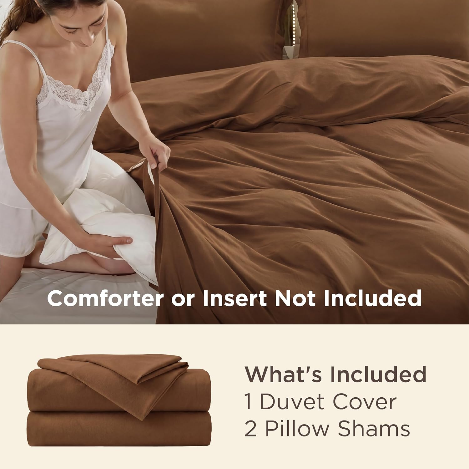 Detalle de Bedsure Duvet Cover Set-Washed Cotton Like, King Brown Microfiber Bedding