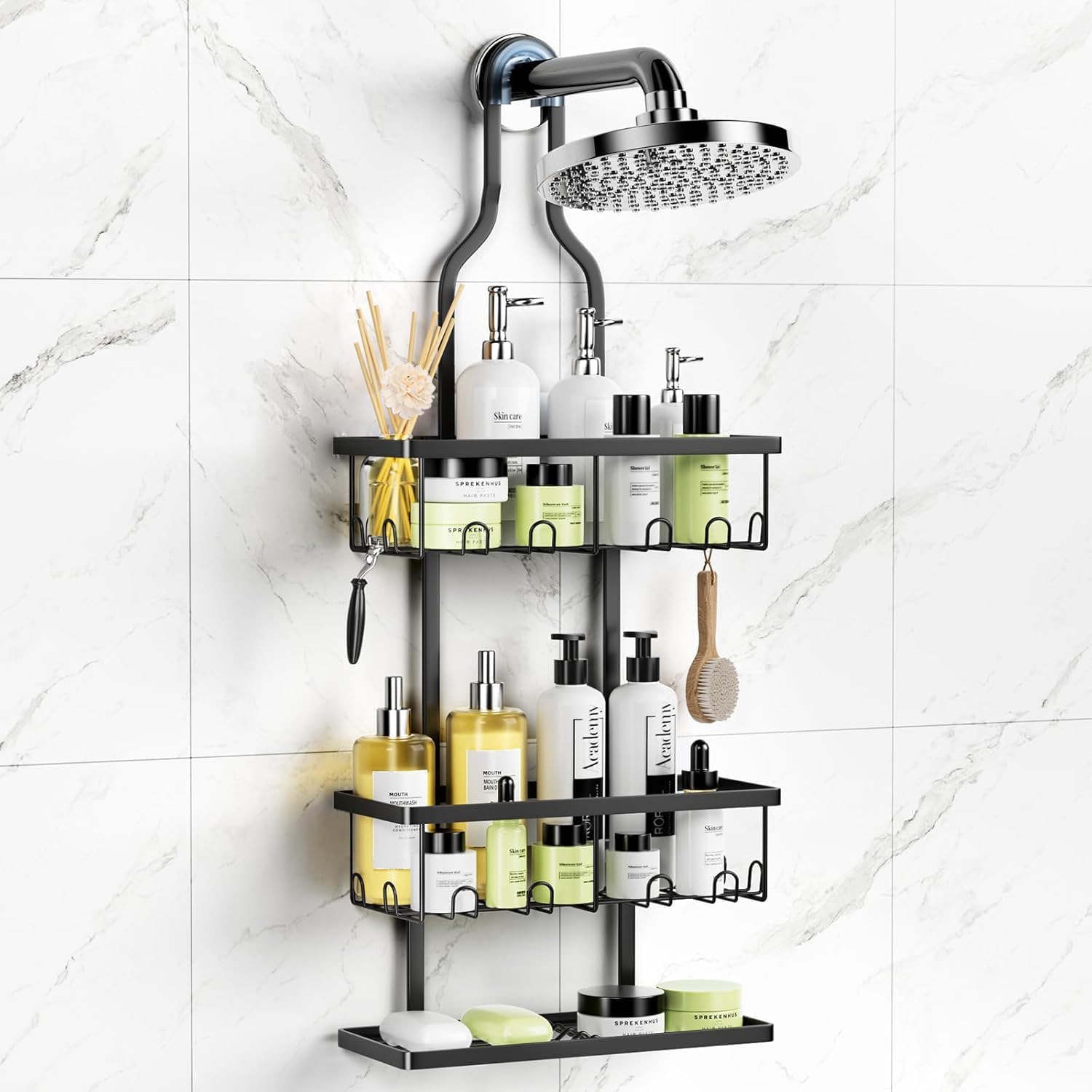 Detalle de Ruhetfam Shower Caddy Hanging Stainless Steel Organizer, 3 Baskets, 16 Hooks