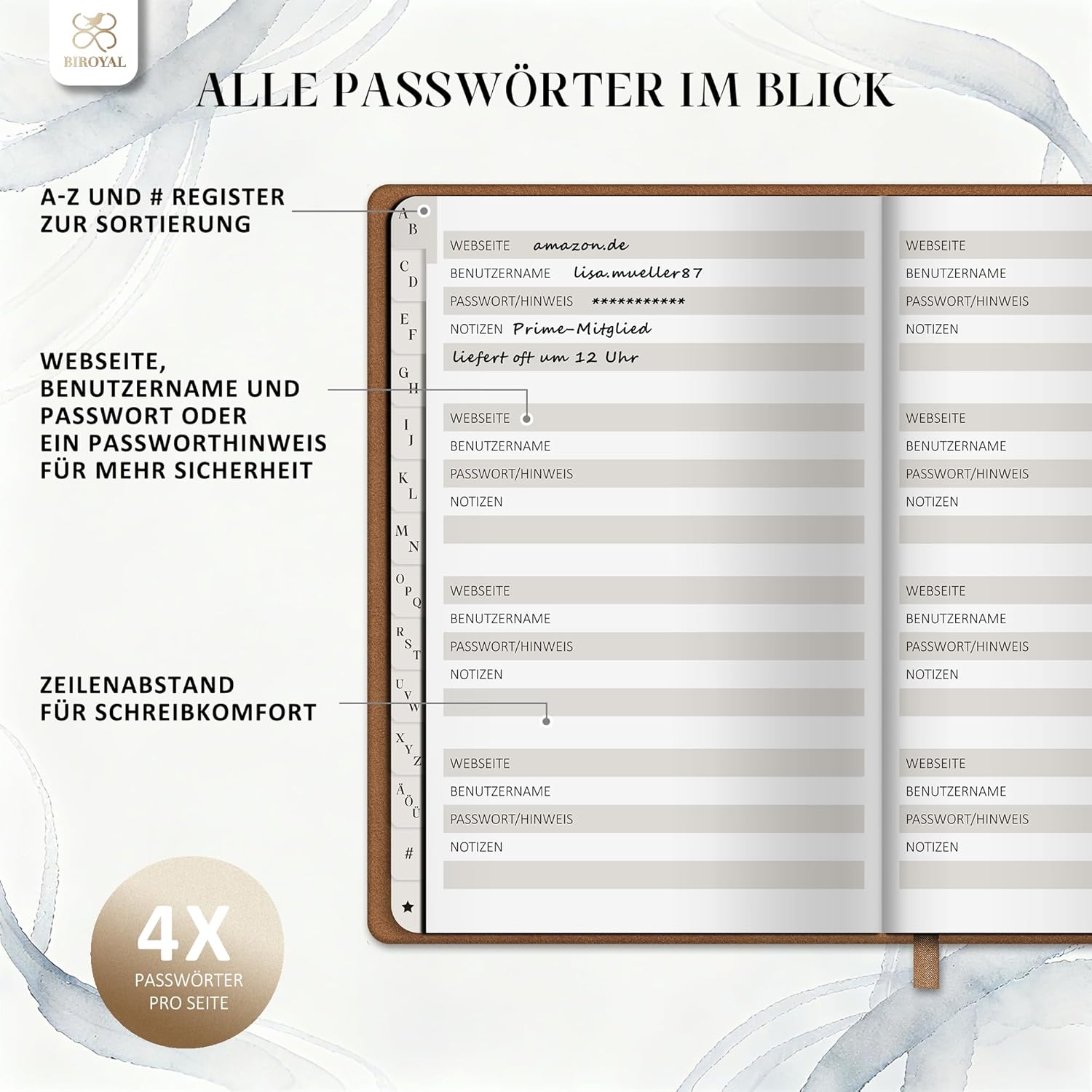 Thumbnail 1 de BIROYAL Passwort Buch Deutsch (A5) mit Register A–Z – Hardcover Notizbuch für Websites, Benutzernamen & Passwörter