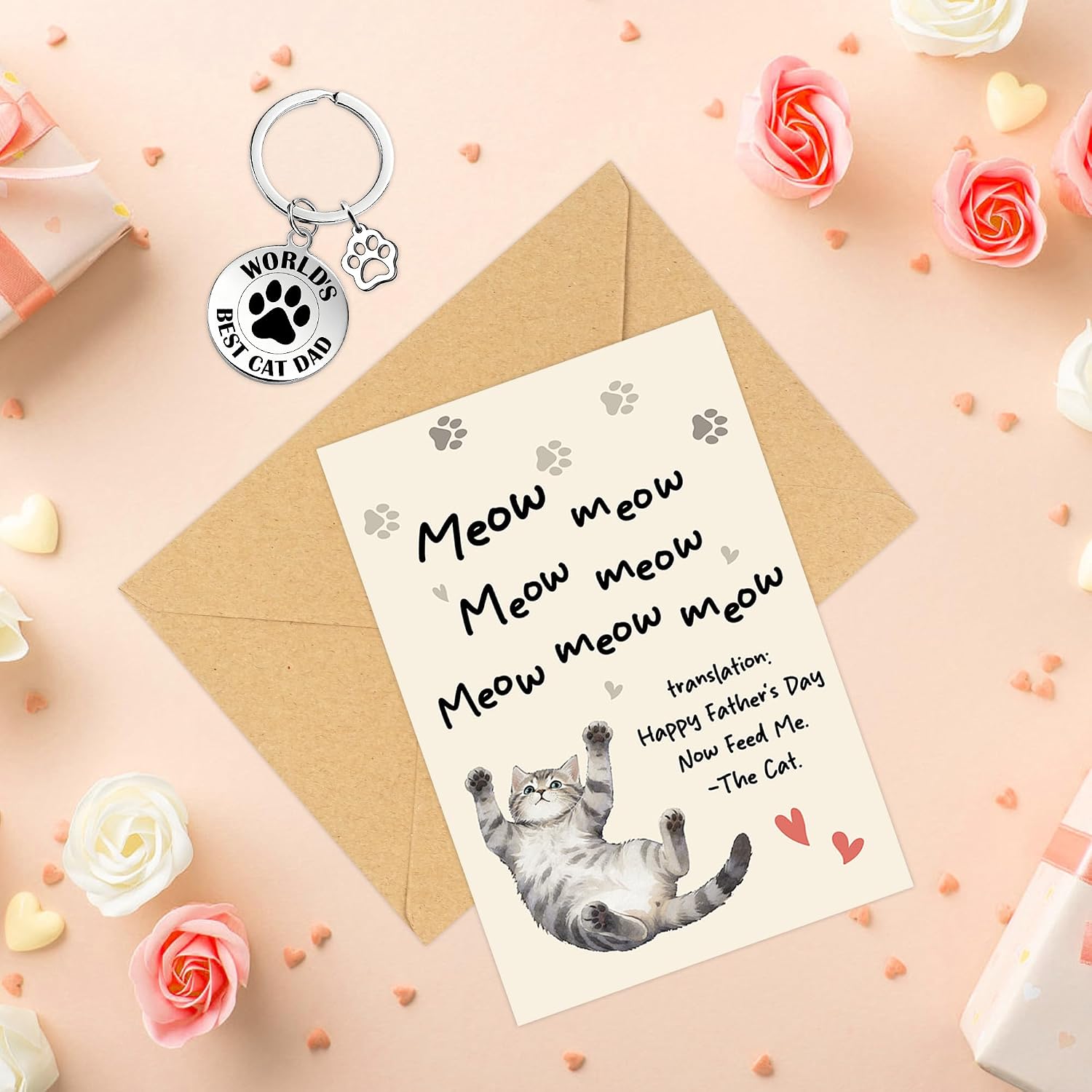 Detalle de Cat Dad Fathers Day Card with Keychain and Envelope – A Cute, Practical Gift from Cat to Dad