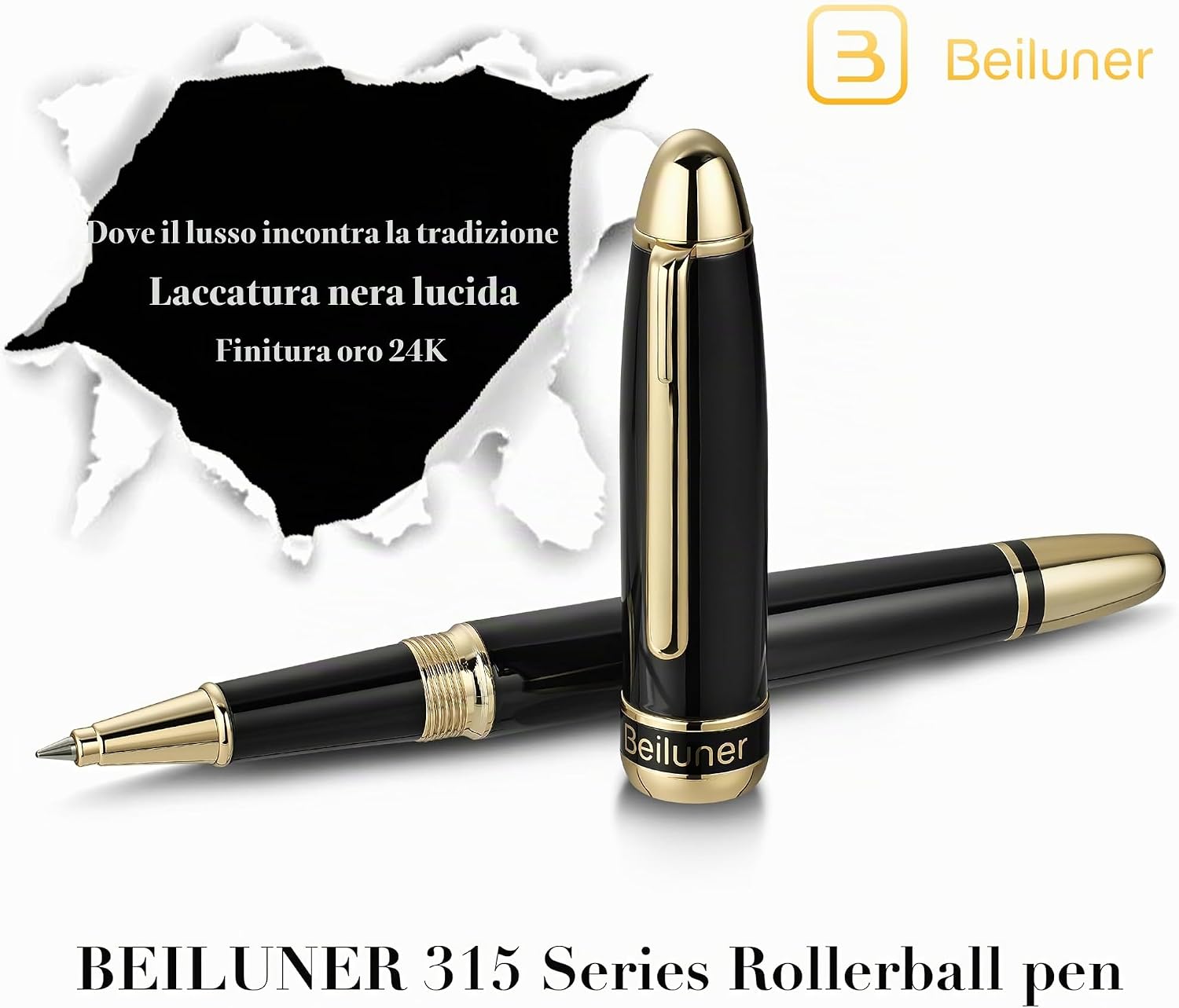 Detalle de BEILUNER 315 Penna Rollerball di Lusso – finitura Oro 24K, laccatura piano nera, set regalo per professionisti