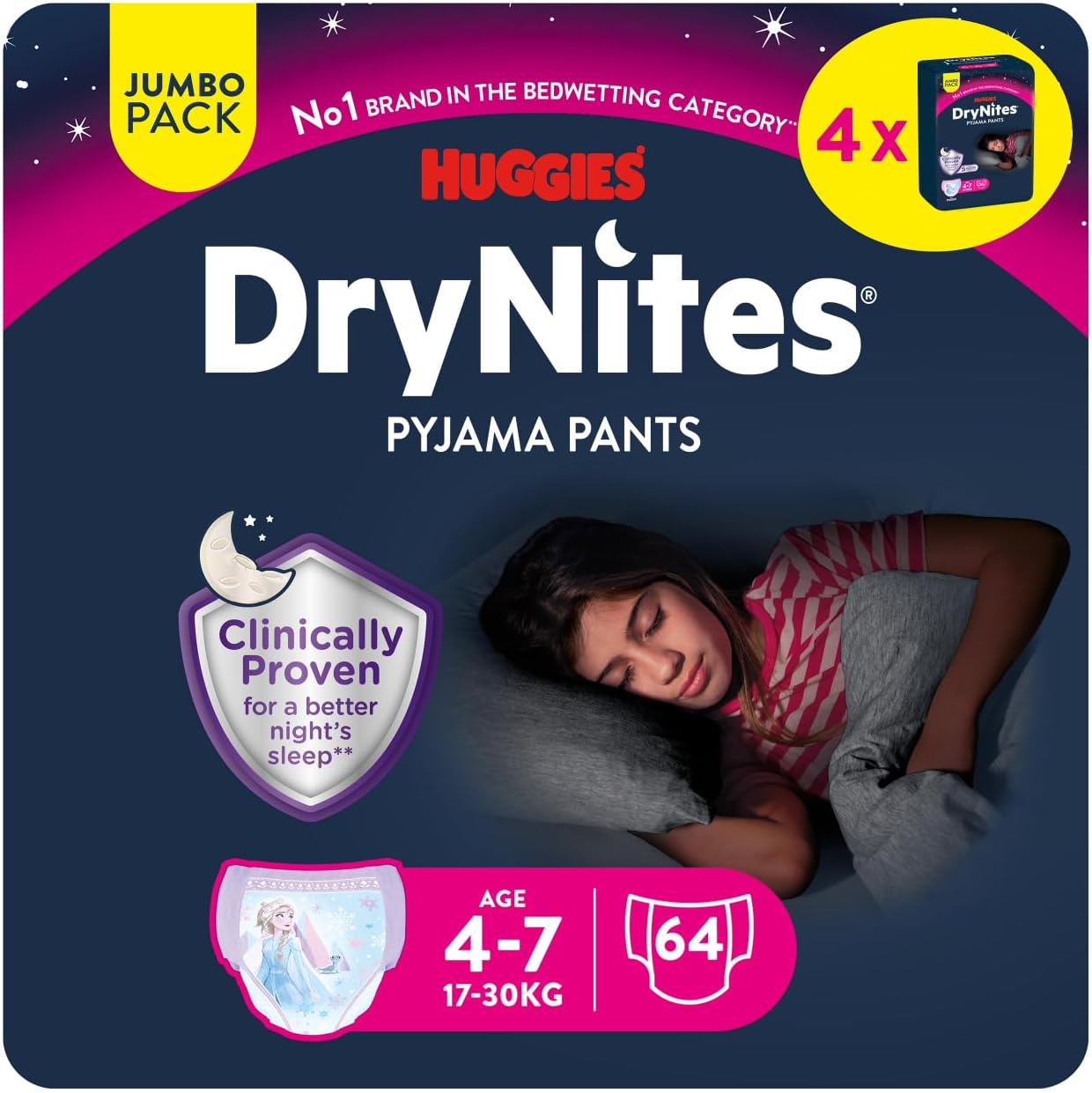 Detalle de Huggies DryNites Nachtwindeln für Mädchen 4–7 Jahre, Disney-Design, 4×16 (64 Stück)