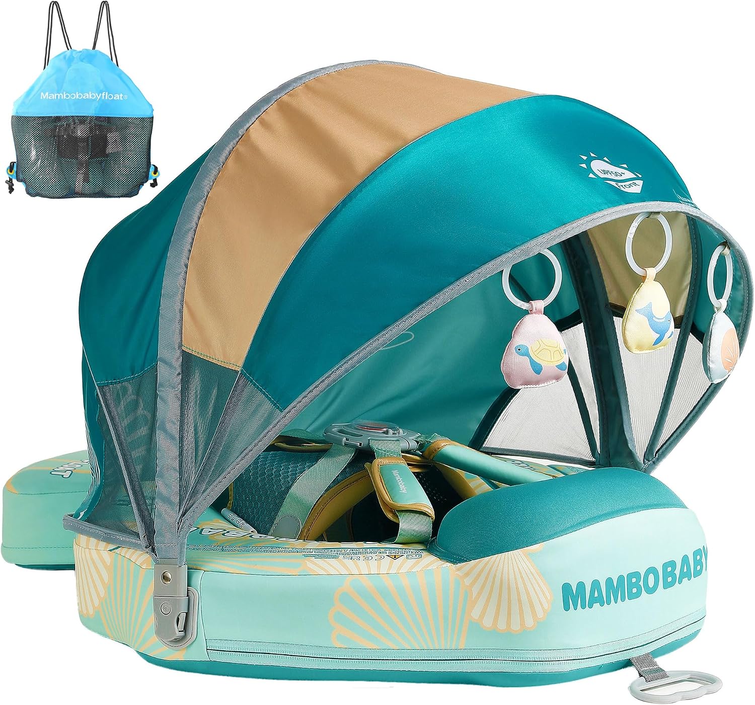 Detalle de Mambobaby Float Add Tail Baby Swim Float with Canopy (Solid Pool Infant Trainer, Non-Inflatable Waist Ring) — Shell Green