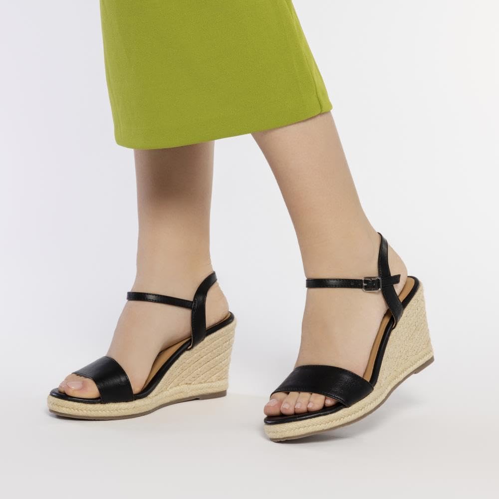 Detalle de Sandales en cuir noir à talon compensé en jute pour femme ZHEPE