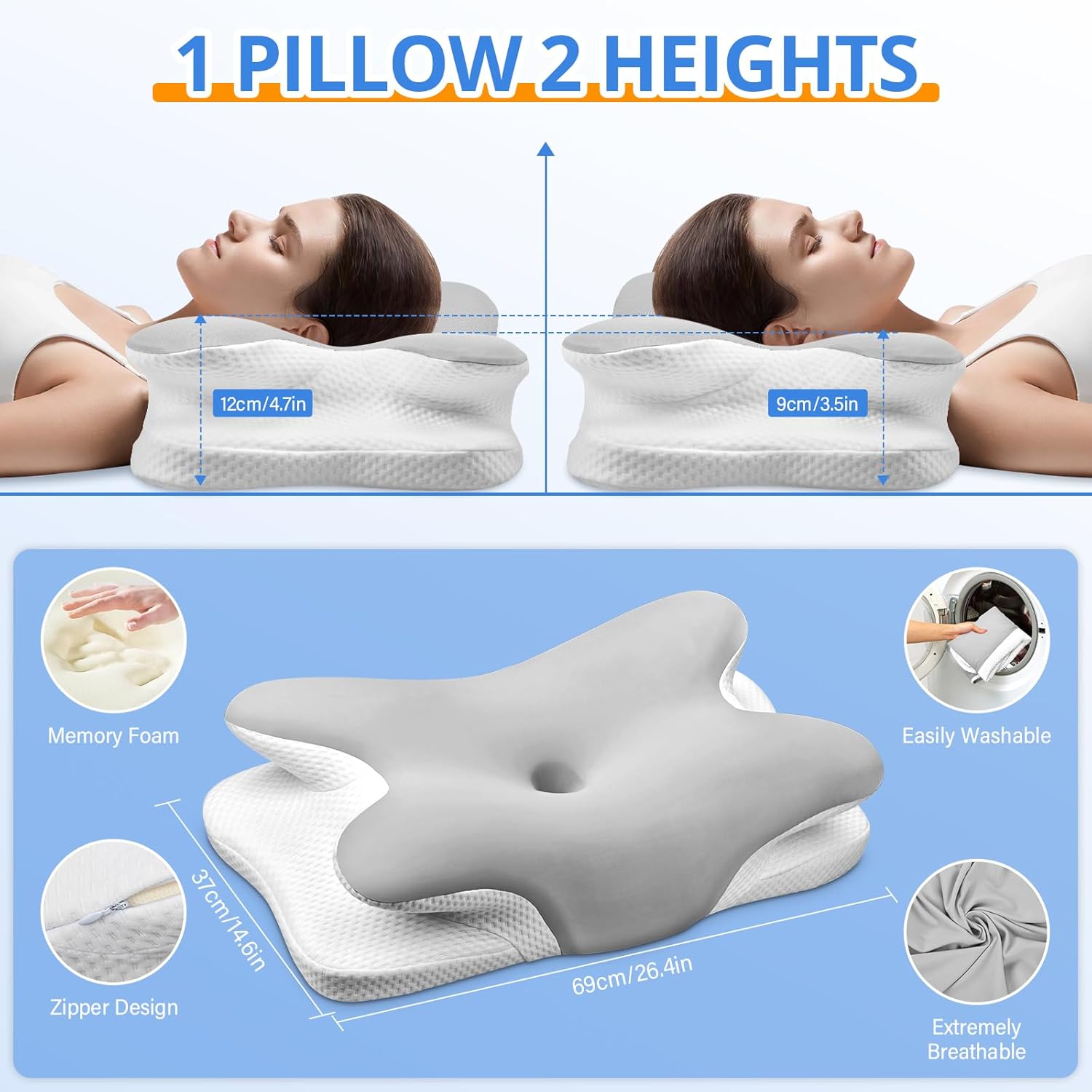 Detalle 2 de Ehomfory Memory Foam Pillow for Sleeping – Ergonomic Contour Side Sleeper Pillow (Silver)