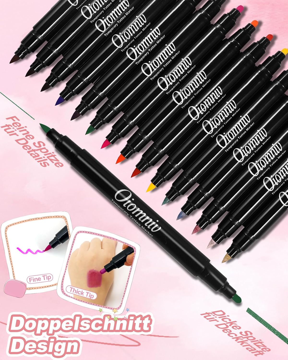 Thumbnail 6 de Oiovnivn Tattoo Stifte Kinder – Glitzer-Set Dual-End mit 15 Markern, 78 Schablonen und 2 Gesichtsstickern
