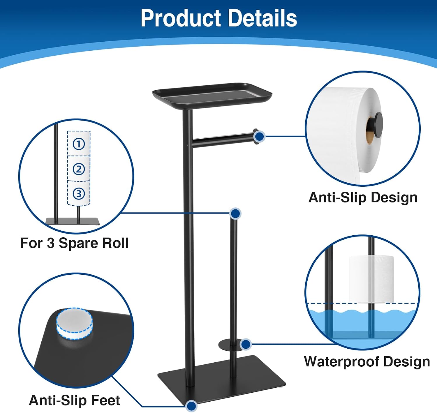 Thumbnail 3 de Free-Standing Stainless Steel Toilet Roll Holder with Top Shelf (holds 4 rolls)