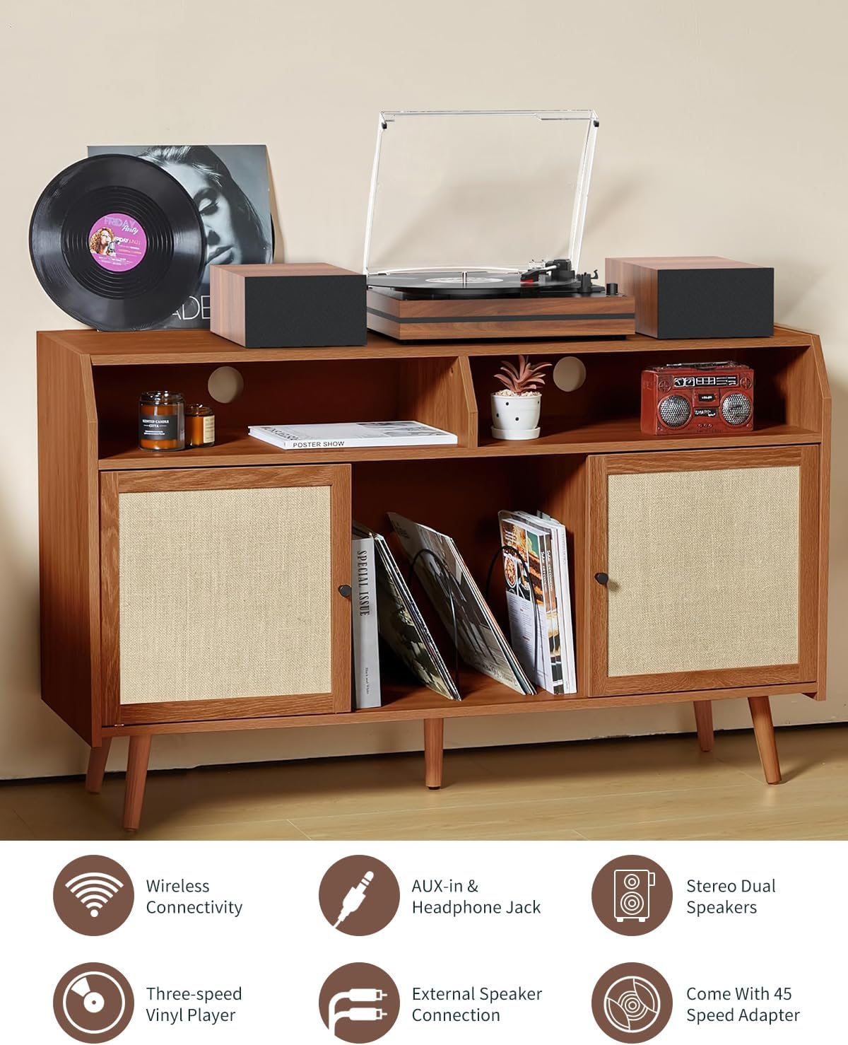 Detalle de Vintage Belt-Drive Record Player with Dual External Speakers (3 Speed, Wood Red)