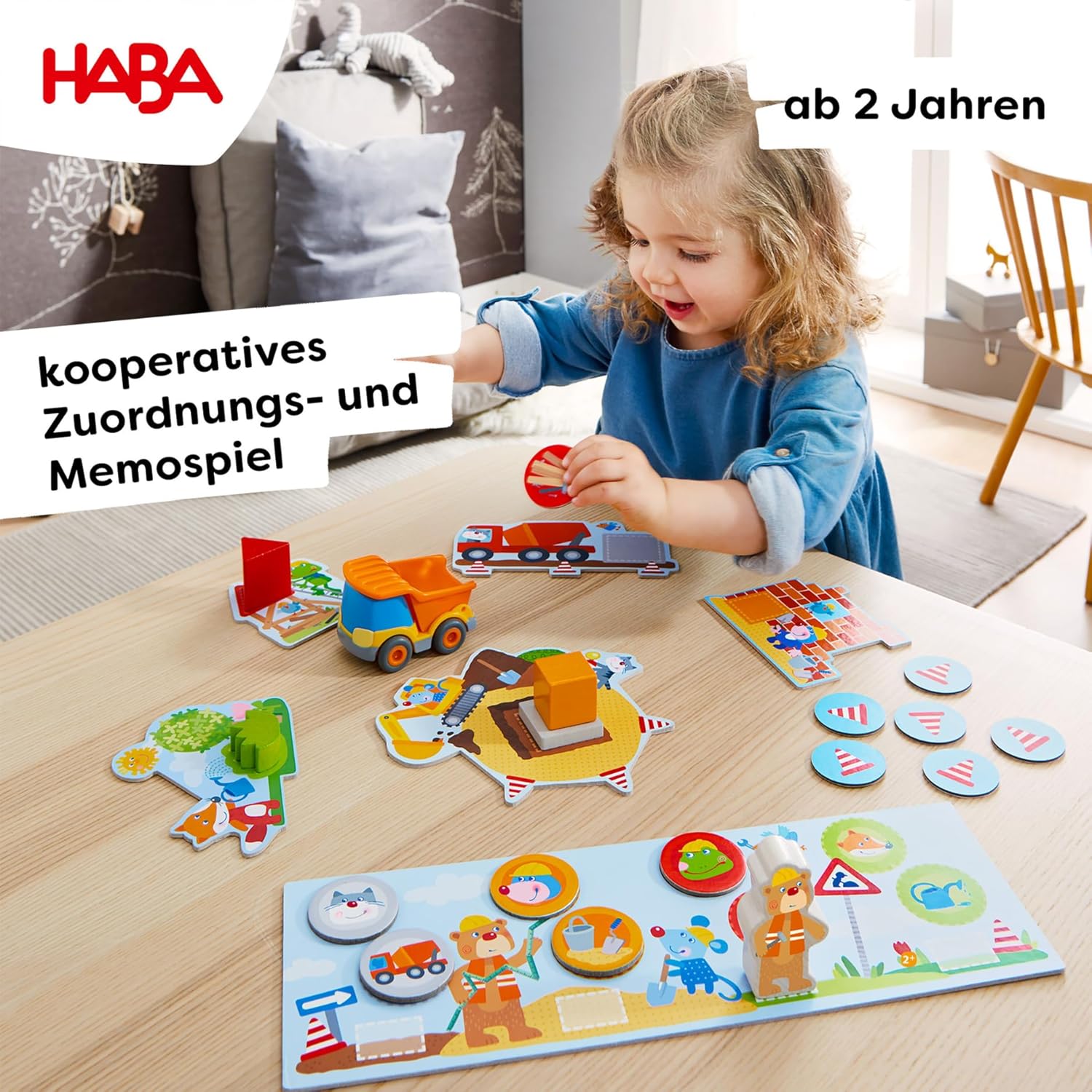 Detalle de HABA Meine ersten Spiele – Baustelle: Zuordnungs- und Memospiel ab 2 Jahren (mit Kullerbü-Muldenkipper) 1305211001