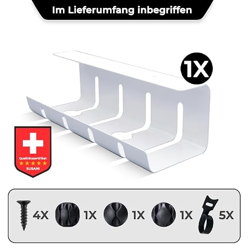 Detalle de SUSANI Kabelkanal Schreibtisch (Weiß) – extra langes 1er Set für Kabelmanagement am Arbeitsplatz, inkl. Zubehör