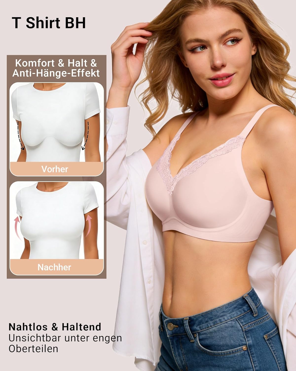 Thumbnail 3 de HORISUN BH Damen ohne Bügel mit V-Ausschnitt und Spitzenbesatz – nahtloser T-Shirt-BH mit sanftem Halt