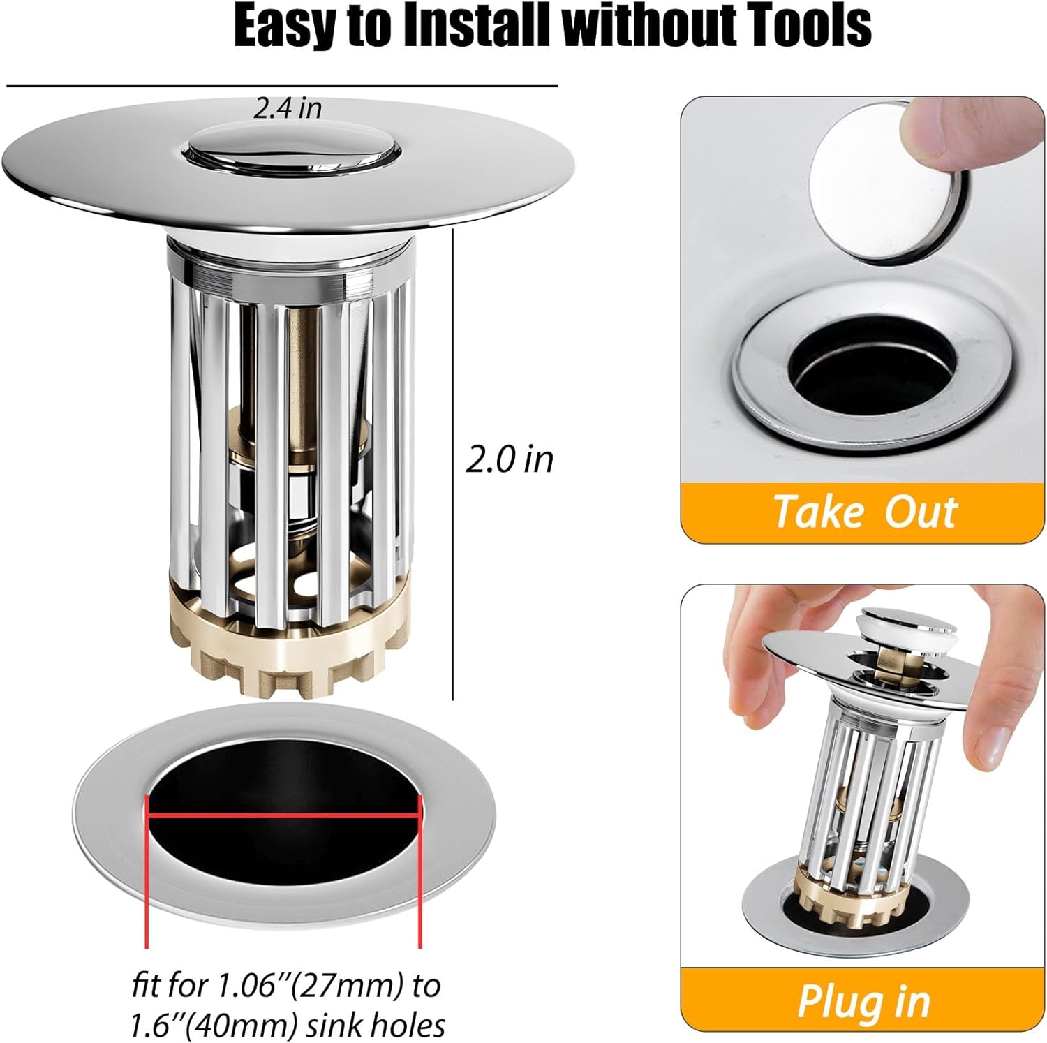 Detalle 2 de Anlige Bathroom Sink Drain Strainer, 3-in-1 Pop-Up Stopper, Chrome Silver