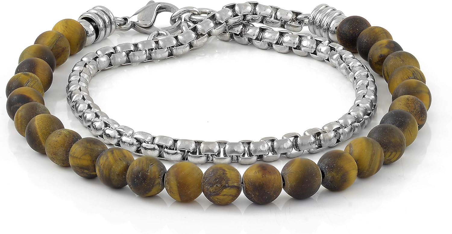 Thumbnail 5 de 10:10 Bracciale Unisex Pietre Naturali 6 mm – Catena Veneziana in Acciaio Inox Lucida, Made in Italy