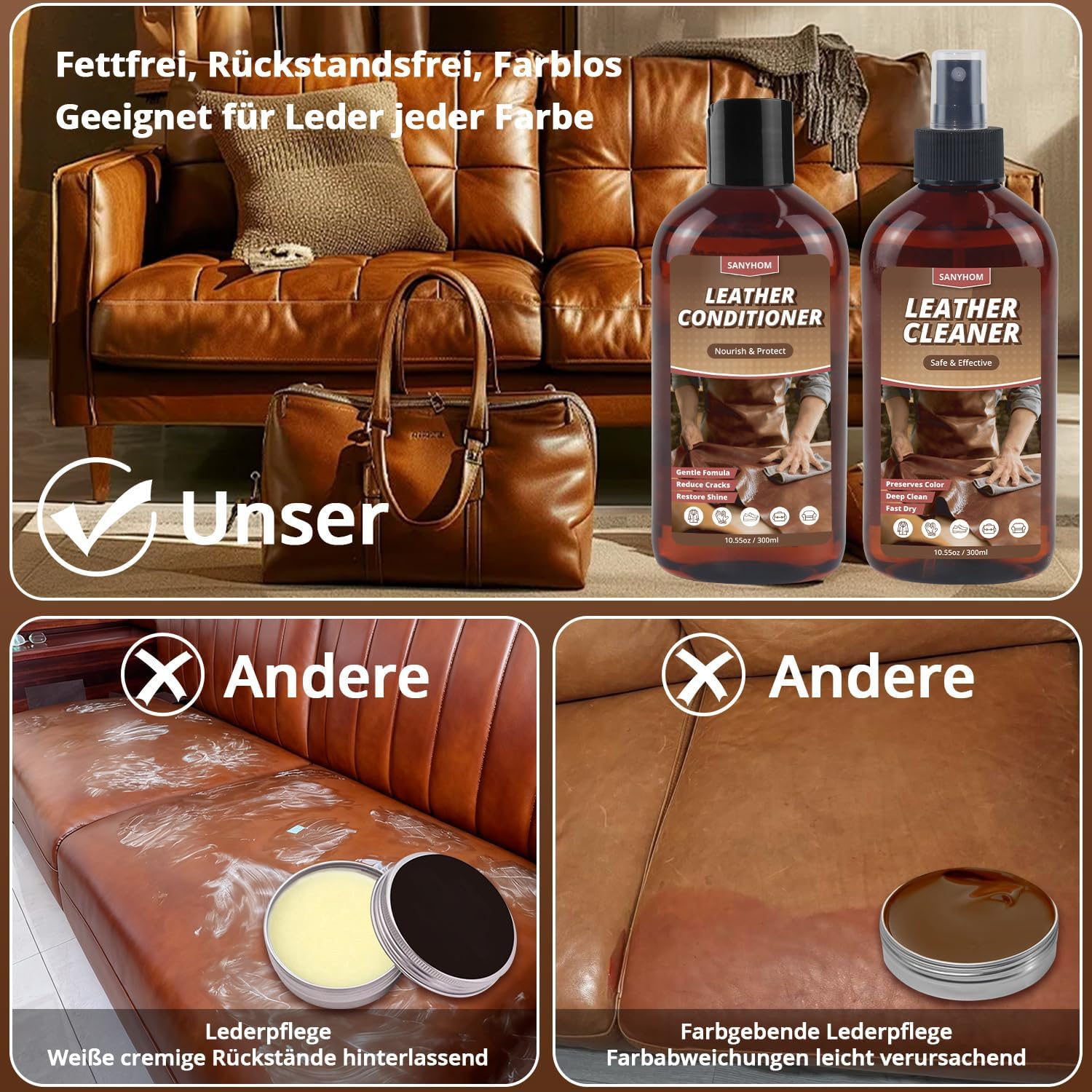 Thumbnail 4 de SANYHOM Lederpflegeset mit Lederreiniger & Pflegemittel – inkl. Reinigungstuch-Handschuh, 2× 300 ml