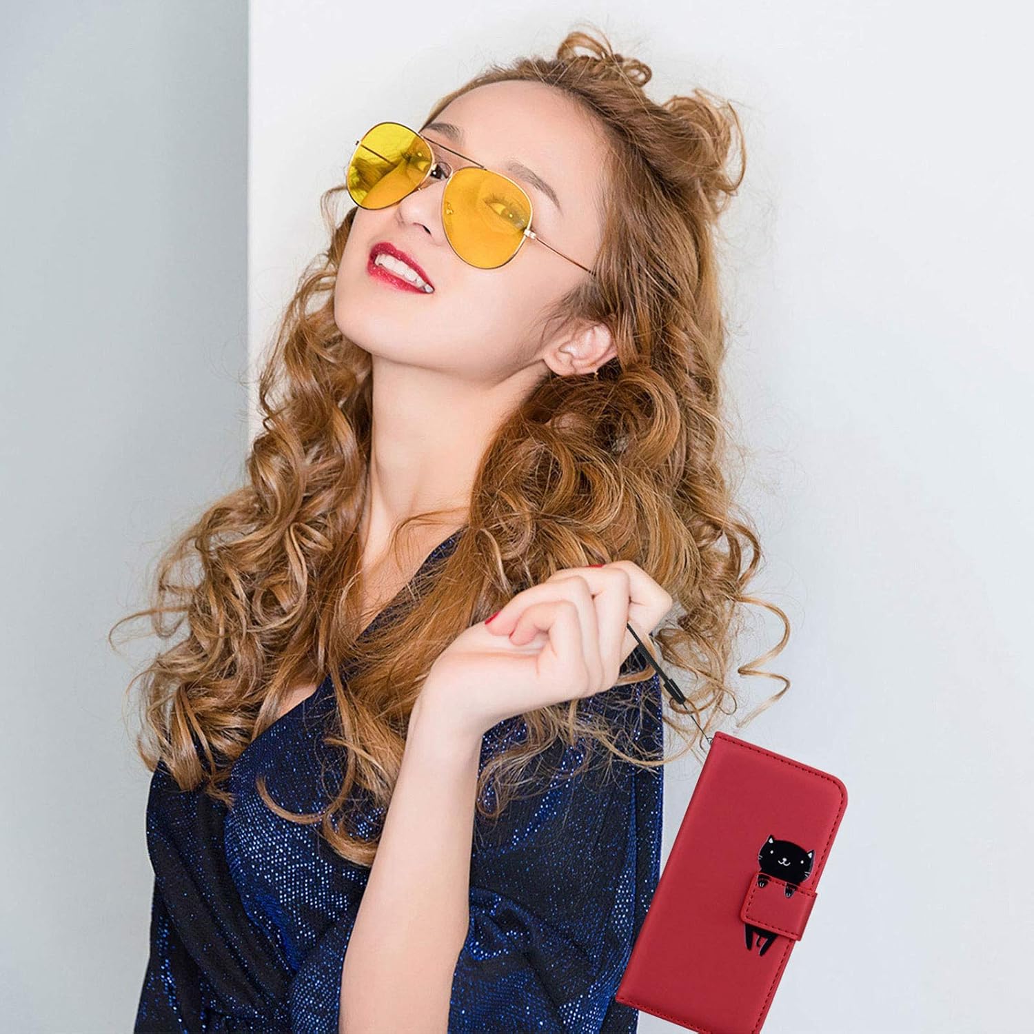 Thumbnail 6 de Ailisi Galaxy S25 Edge Hülle mit Kartenfach und Ständer – Dunkelrot, PU Leder, Katzen-Design