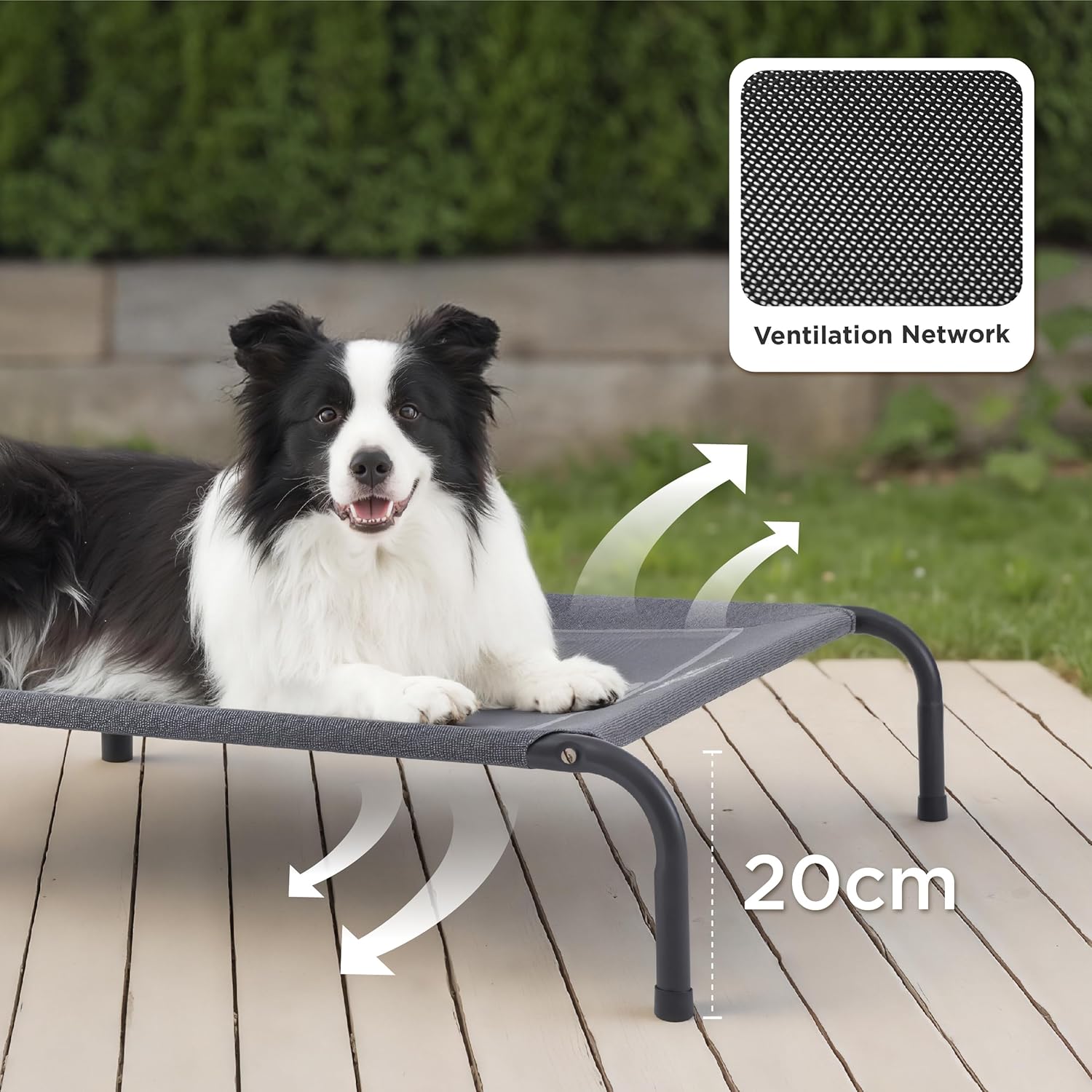 Detalle de Bedsure Hundeliege Outdoor – erhöhtes Hundebett für mittelgroße Hunde, 105 × 80 cm, 20 cm Höhe, grau
