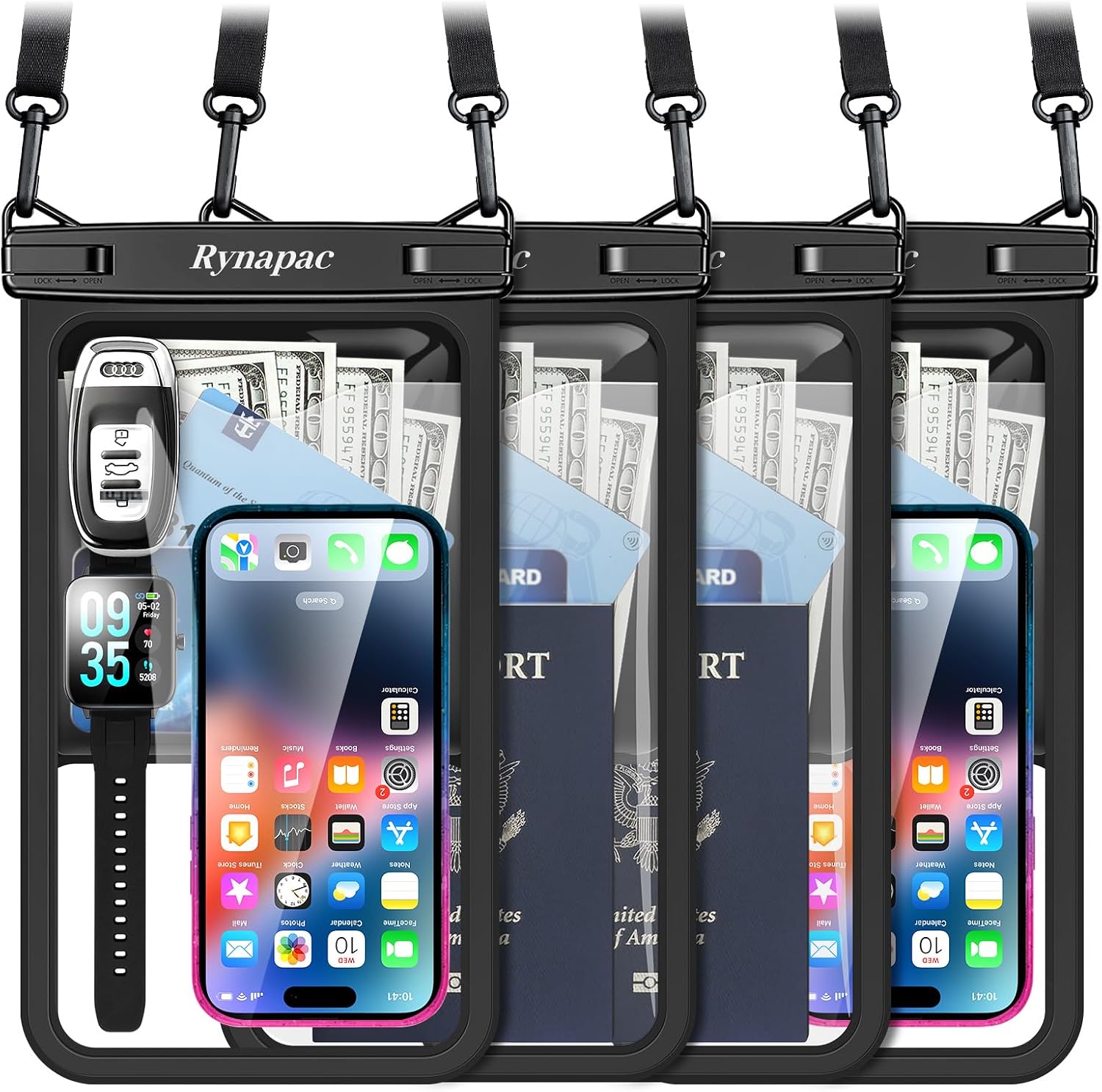 Detalle de Rynapac 11211-4P Waterproof Phone Pouch, 4-Pack, IPX8, Up to 10 Inches