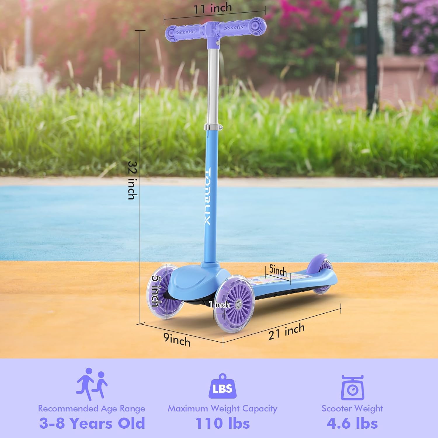 Detalle de TONBUX Kids Scooter for Ages 3-8 (3-Wheel) with Light-Up Wheels & Adjustable 4-Level Height