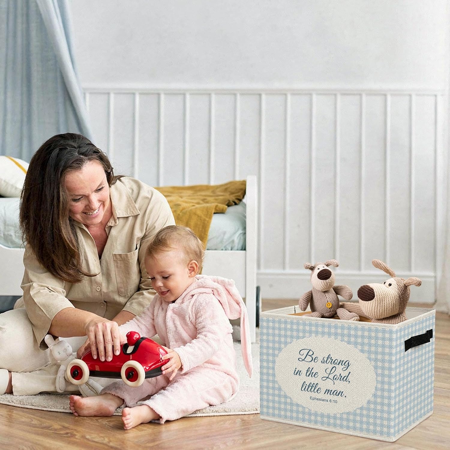 Detalle de BCUANGD 1135 Christian Nursery Storage Bin, Blue Gingham, Foldable Polyester