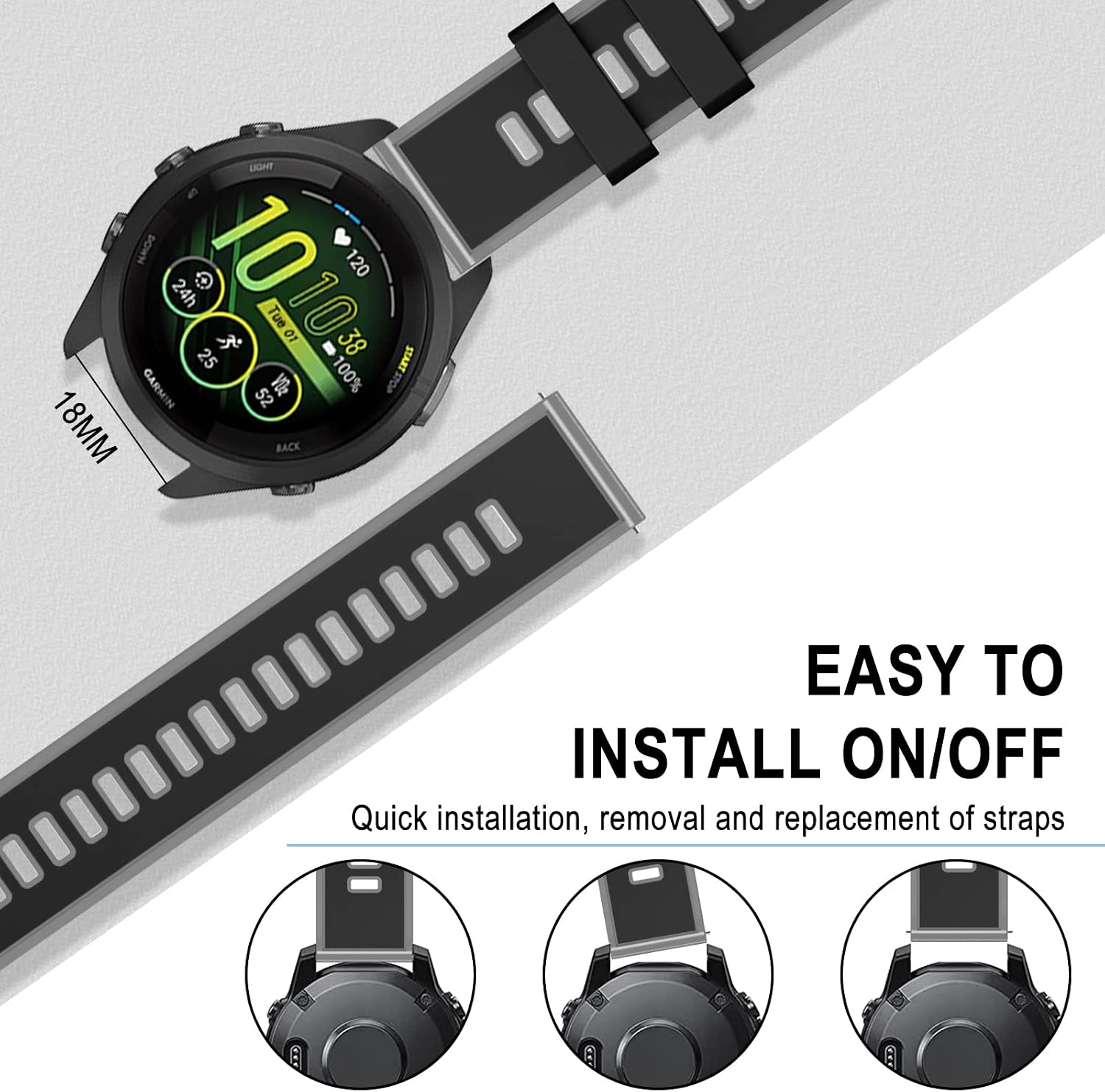 Detalle de SumRioo Silikon-Armband 18 mm für Garmin Venu 4s/Venu 3s & weitere (Schwarz/Grau)