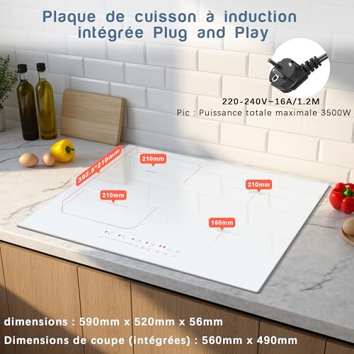 Detalle de Cooksir Plaque Induction Blanc 4 Feux avec Prise – 230 V, 3500 W