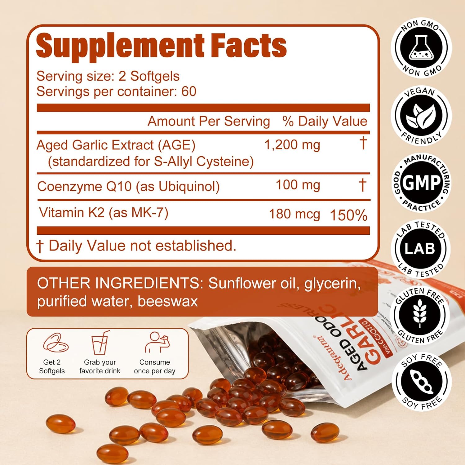 Detalle 2 de Adeqauom Aged Garlic Extract Softgels, 1200 mg, with Ubiquinol and Vitamin K2