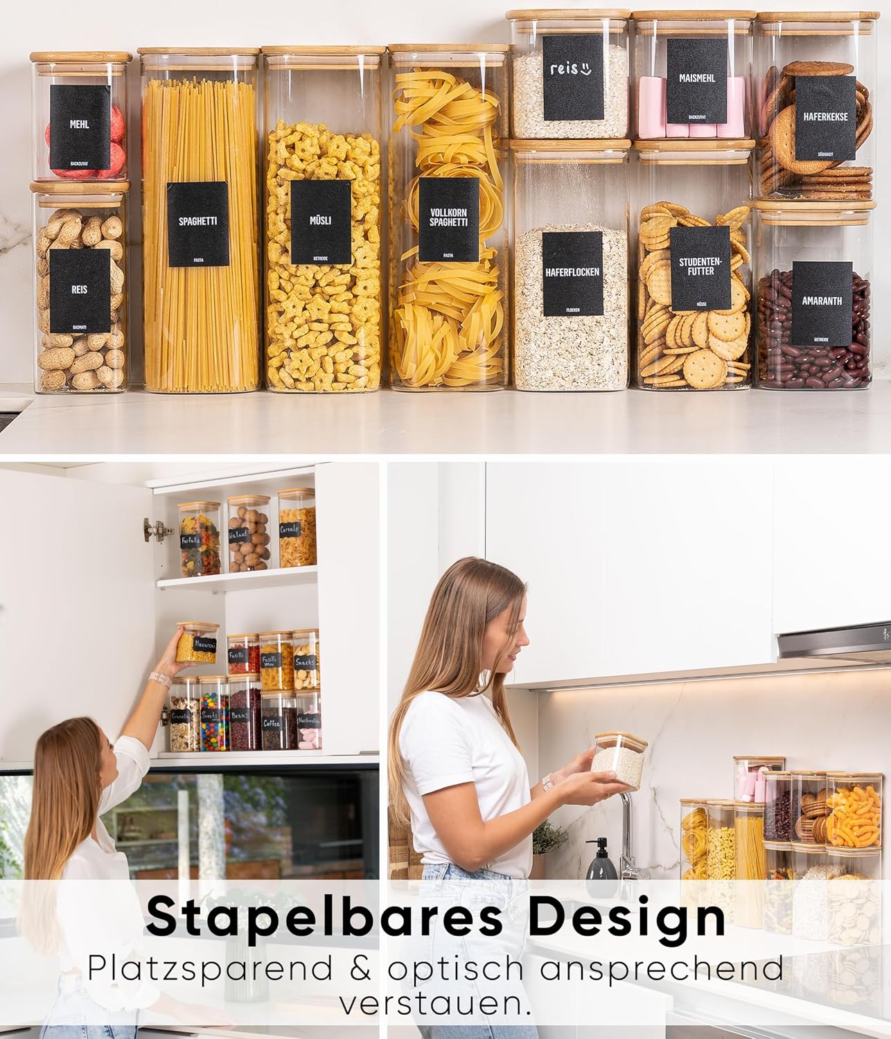 Detalle de Deco haus Vorratsgläser 6er Kombi-Set mit luftdichtem Deckel, Etiketten – Glasbehälter für Mehl, Müsli & Co.