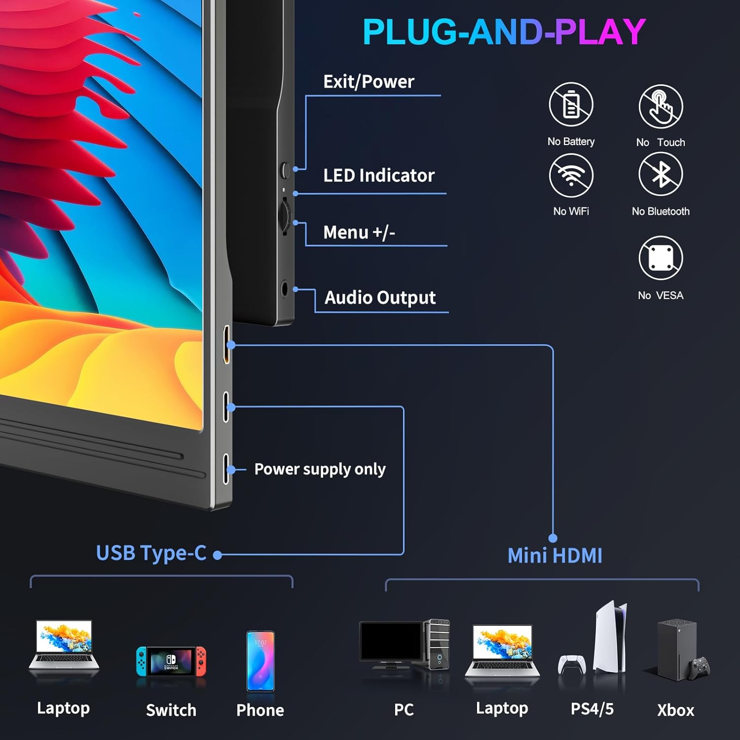 Detalle 2 de COOLHOOD Portable Monitor 15.6-inch FHD IPS