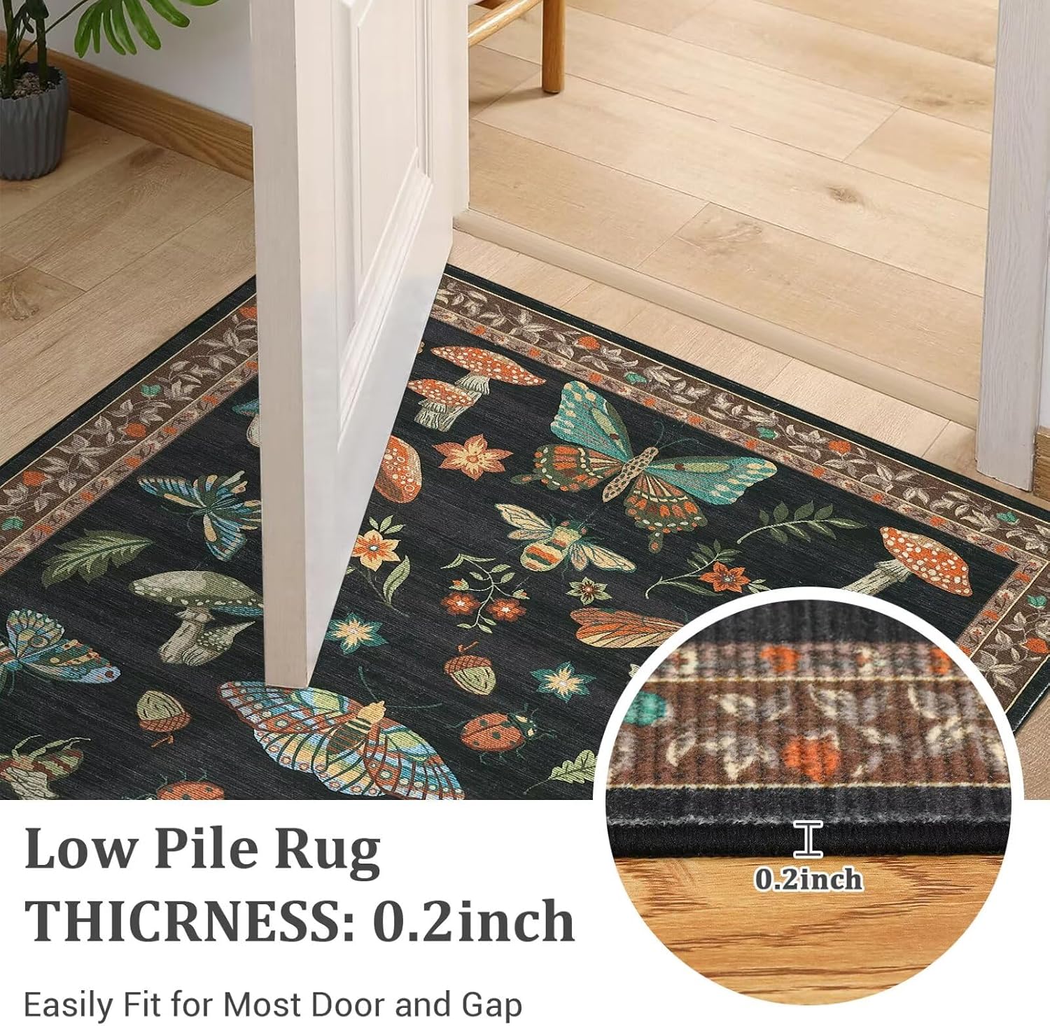 Thumbnail 6 de ROYHOME Mushroom Black Brown 2x3 Washable Low-Pile Insect Rug