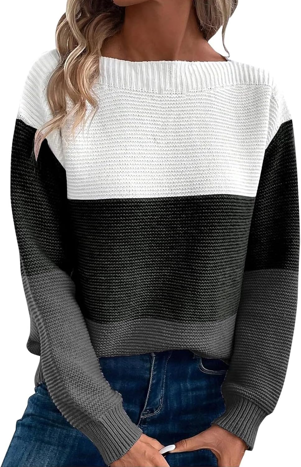 Detalle de RANPHEE Women's Striped Colour-Block Knit Pullover Sweater, Crew Neck