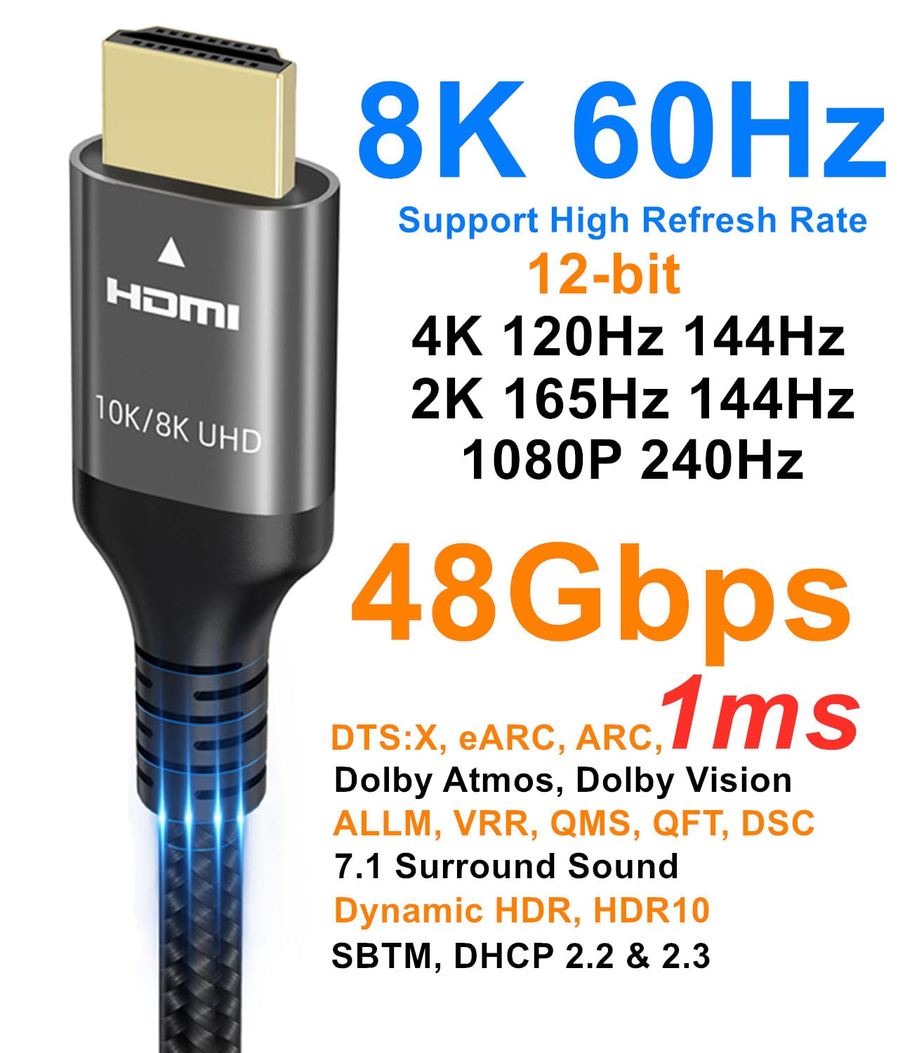 Thumbnail 2 de Ubluker Certified Ultra High Speed HDMI Cable (48Gbps) – 5 ft for 4K/8K, eARC, HDR10+