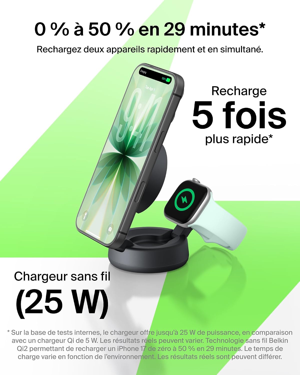 Thumbnail 1 de Belkin UltraCharge Chargeur MagSafe 2-en-1 — Socle Qi2.2 25 W, Aimanté et Pliable (Adaptateur 45 W inclus) Noir