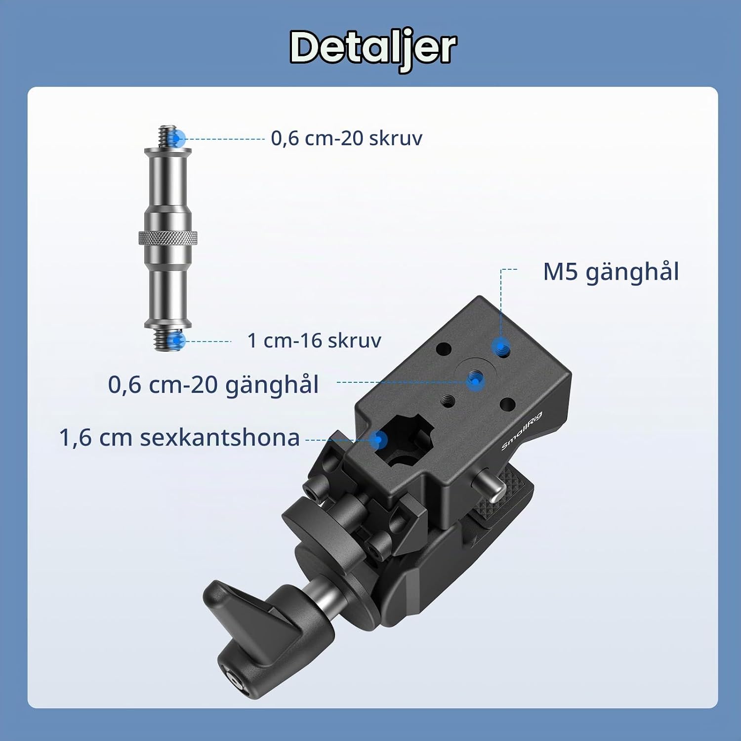 Detalle de SMALLRIG 5318 superklämma, 2-pack med 15 kg maxlast och dubbla gängor
