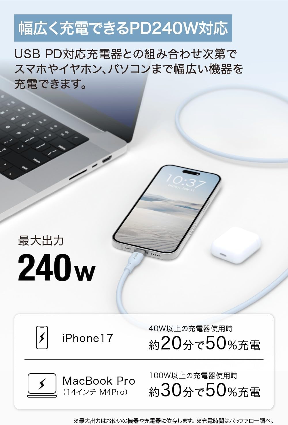 Detalle de バッファロー BSU2CCY2420BL/N USB Type-Cケーブル 2m ライトブルー・PD 240W対応・シリコン素材