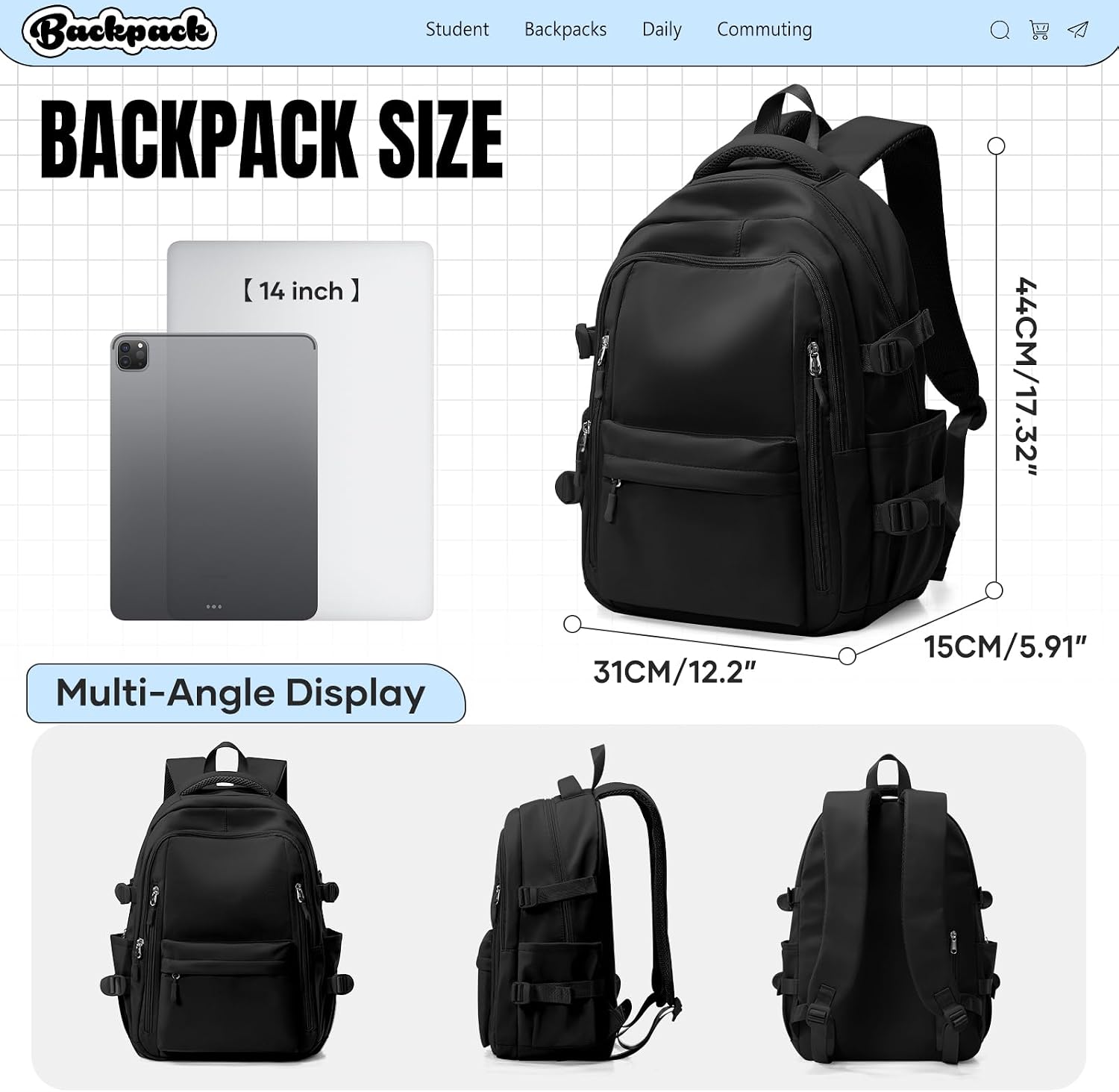 Detalle de WEPLAN school backpack 14 inch, E1 Black
