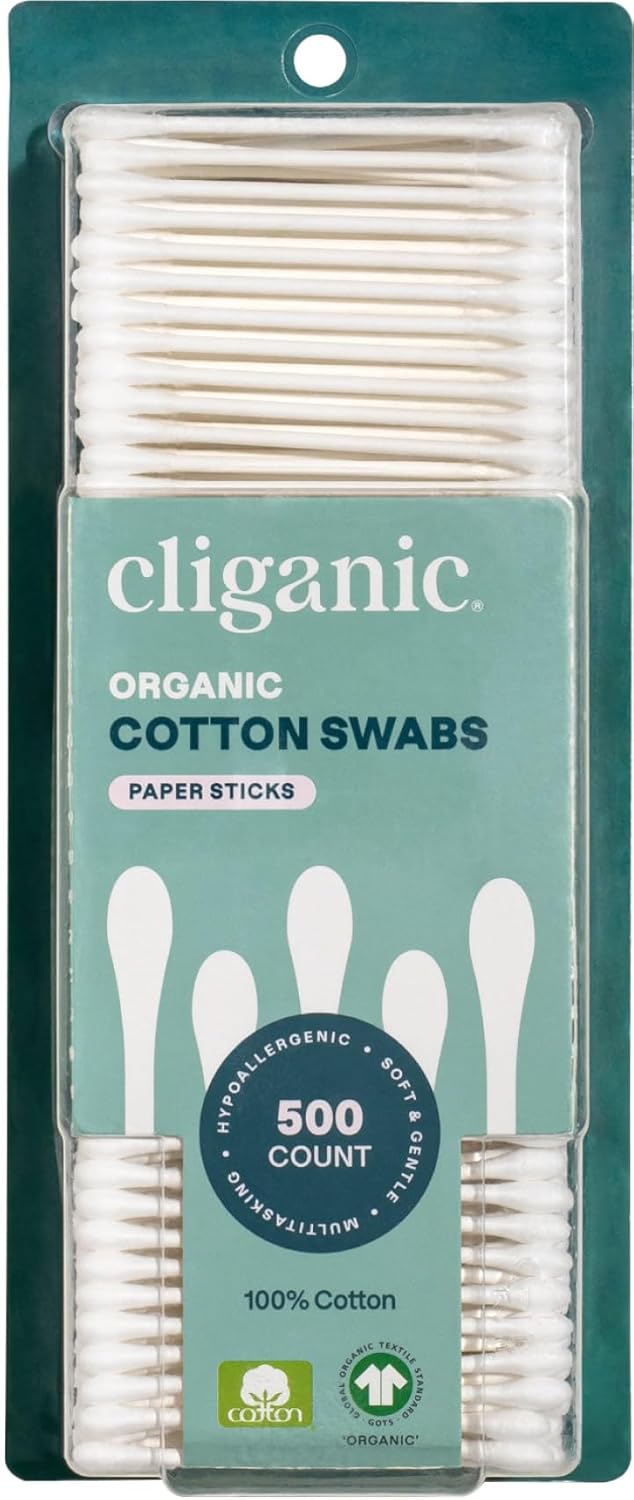 Detalle de Cliganic Organic Cotton Swabs, 500 Count: 100% Pure Cotton, Chlorine-Free, Gentle & Absorbent