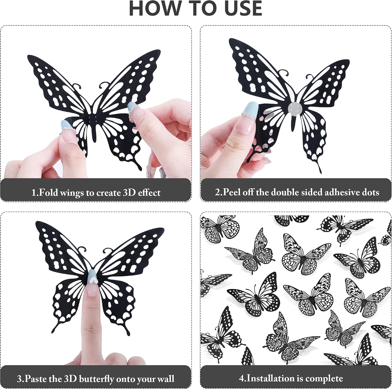 Thumbnail 6 de SAOROPEB BWD01-48P-BLACK 3D Butterfly Wall Stickers, Black Metallic Paper, 48 Pieces