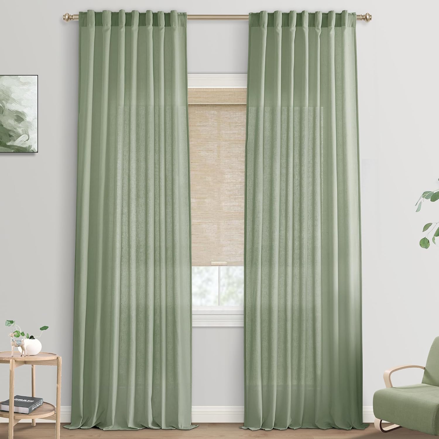 Thumbnail 3 de SHINELAND Sage Green Linen-Blend Curtains, 96-Inch, 2 Panels, Rod Pocket