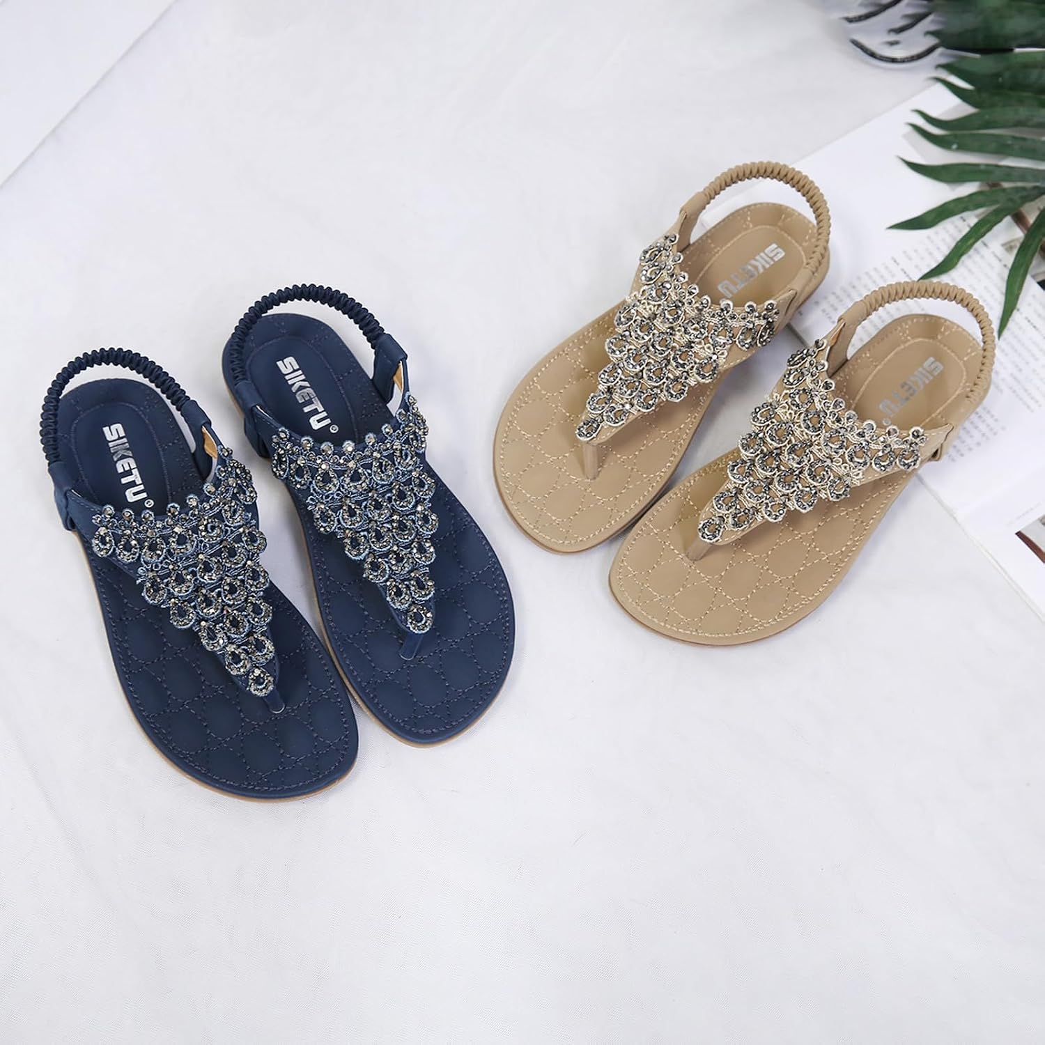 Thumbnail 2 de Acfoda platte dames sandalen met strass, verstelbare enkelband en rubberzool