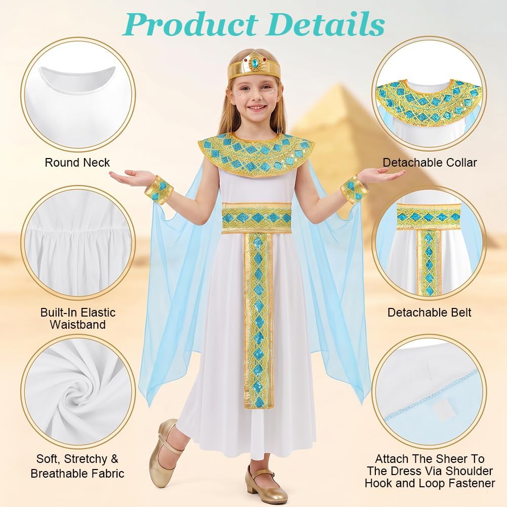 Detalle de AUYAO Egyptisch Cleopatra-kostuum voor meisjes, 6-delig, wit polyester