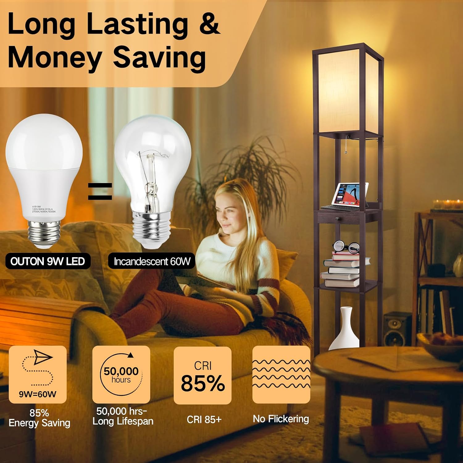 Thumbnail 6 de OUTON Shelf Floor Lamp with Drawer: 165cm of Storage, USB-C Ports and Warm to Daylight LED