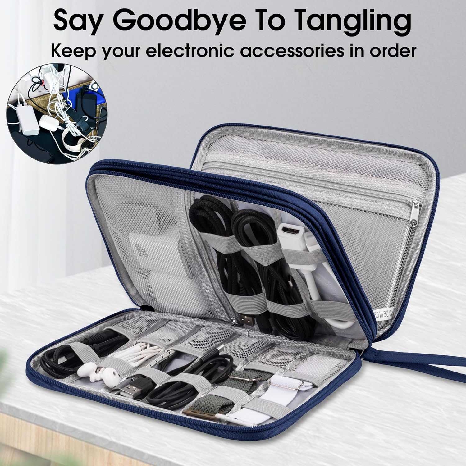 Thumbnail 4 de Arae Elektronik-Zubehör-Organizer „Travel Essentials“ – doppelschichtige Kabeltasche für Ladegerät, USB & SD-Karten (blau, L)