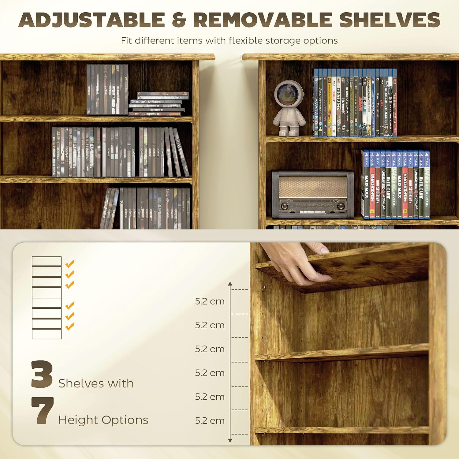 Detalle 2 de HOMCOM 836-603V00RB CD and DVD Storage Unit, Rustic Brown, 6 Adjustable Shelves