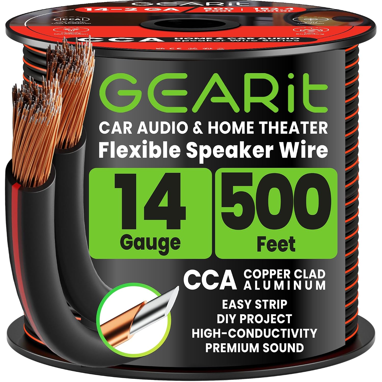 GEARit 14 Gauge Speaker Wire 500ft: Flexible, Marked, and Ready for DIY Installations
