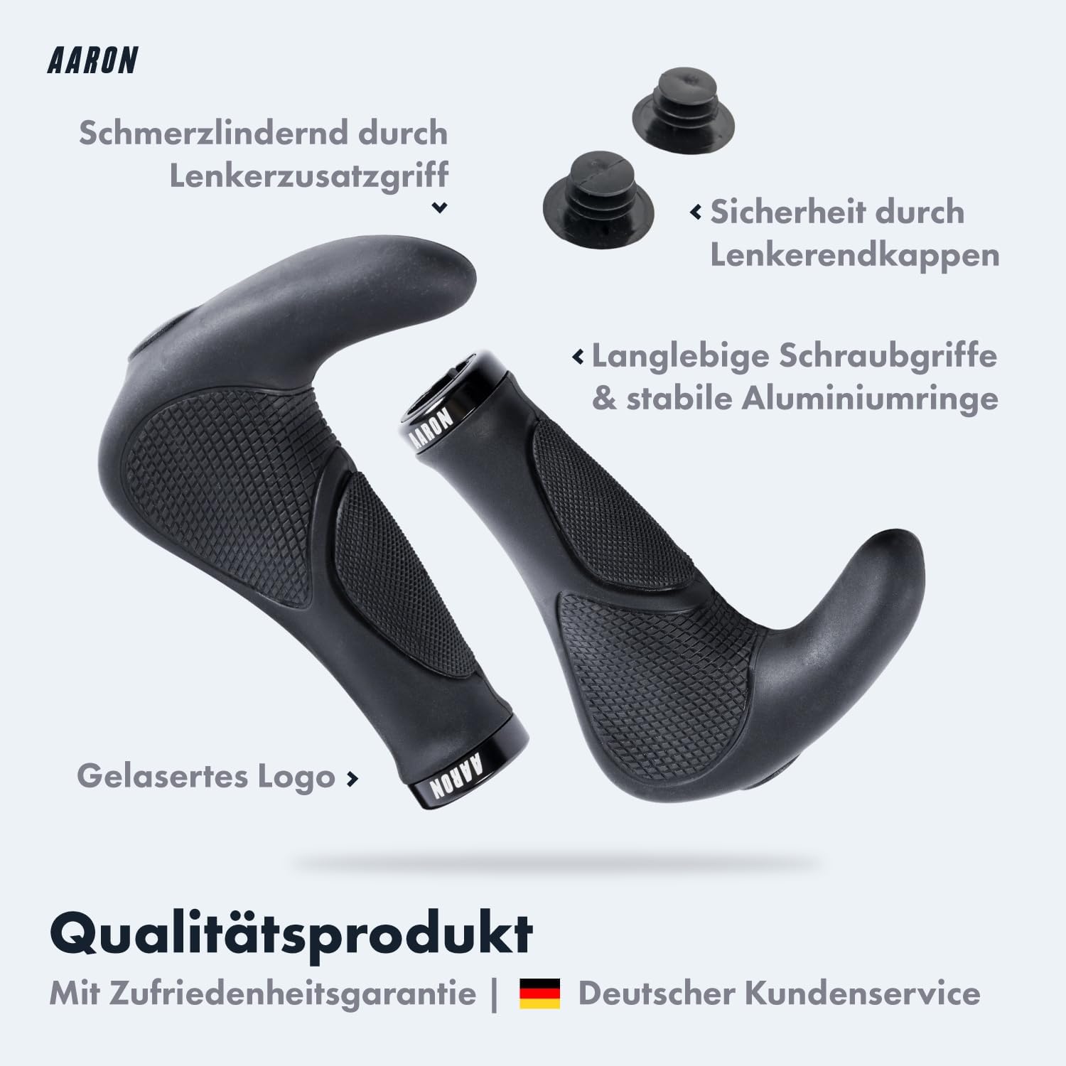Thumbnail 1 de AARON Horn Lenker Griffe mit Gel-Dämpfung (ergonomische Lenkerhörnchen) aus rutschfestem Gummi, schwarz