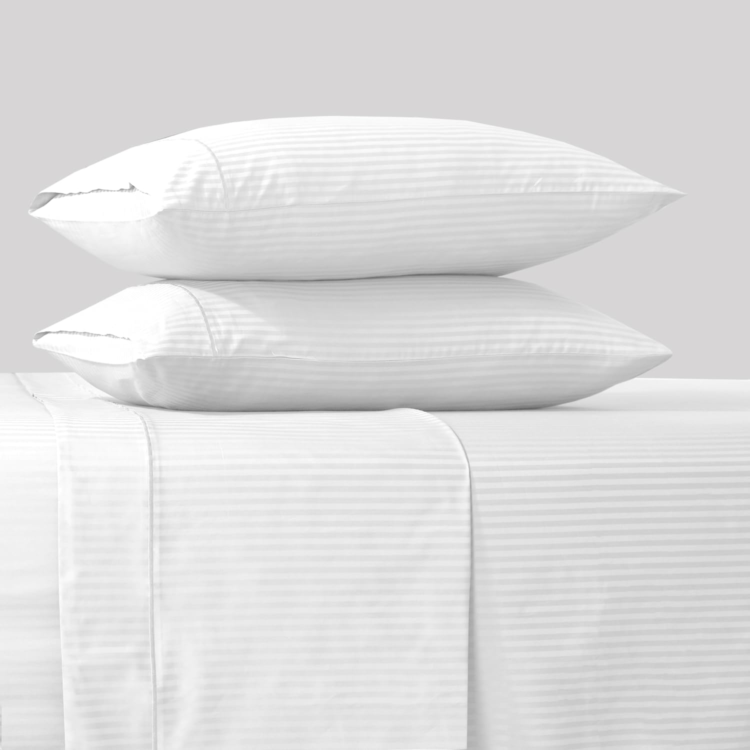 Thumbnail 1 de Feather & Stitch 500 TC California King Damask Sheet Set (White Stripe) — 100% Cotton Sateen, 4-Piece